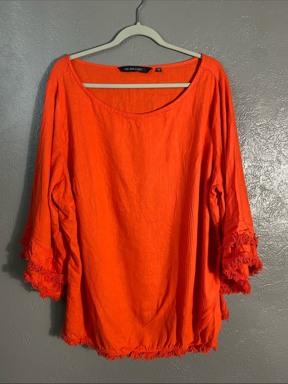 Colleen Lopez Women's Linen Blend Tunic 2X Orange Boho Frayed Ruffle Sleeve